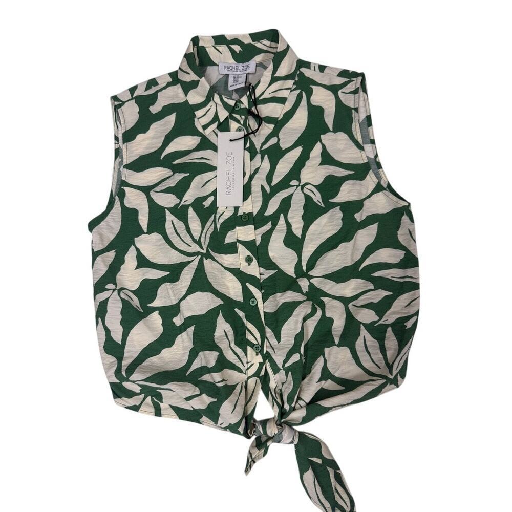 RACHEL ZOE NWT S Green White Tropical Leaf Print Tie Front Shirt